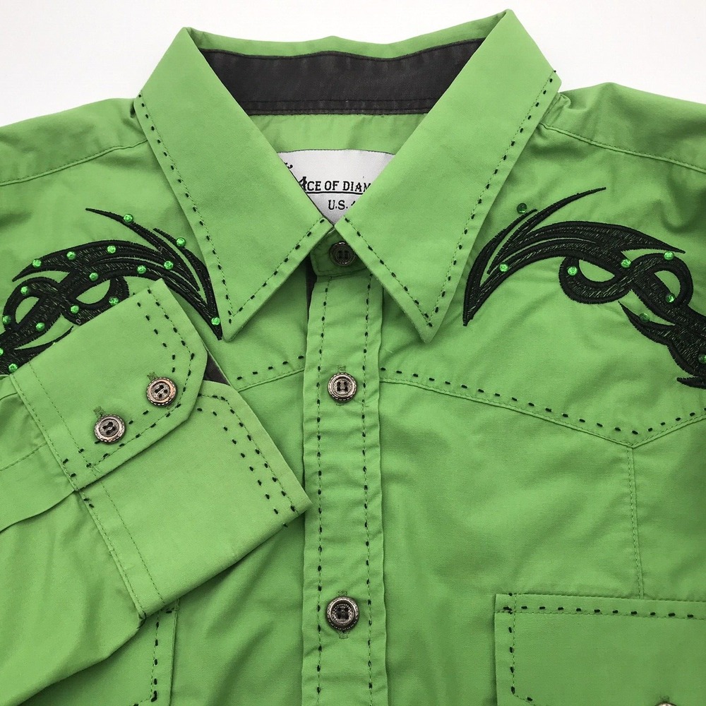 Ace of Diamonds Western Shirt Mens XXL‎ Green Yoke Scroll Cowboy Rodeo RARE NICE